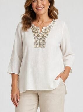 Spense XL White Tunic Top Boho Embroidered Sequin 3/4 Sleeve Blouse Flowy